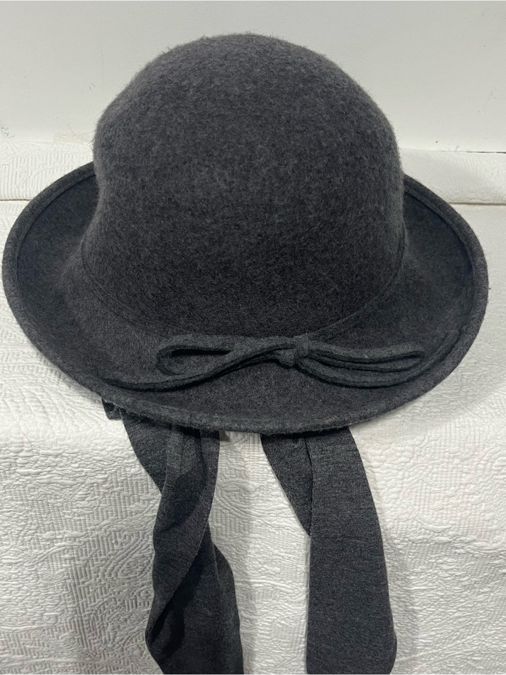 Women's Charcoal Gray Wool Bowler Scarf Hat with Ties - Picture 2 of 4